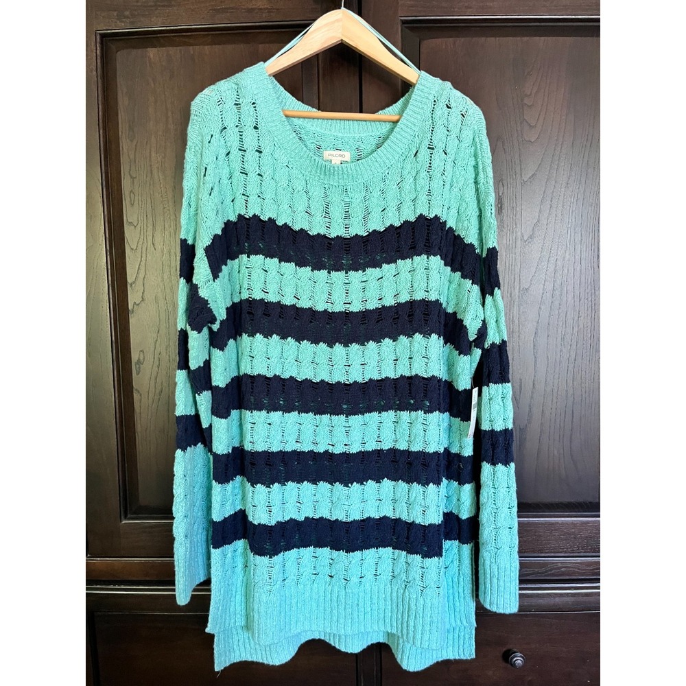 PILCRO Open Knit Long Line Striped Sweater Size L Aqua Navy Blue NWT $128
